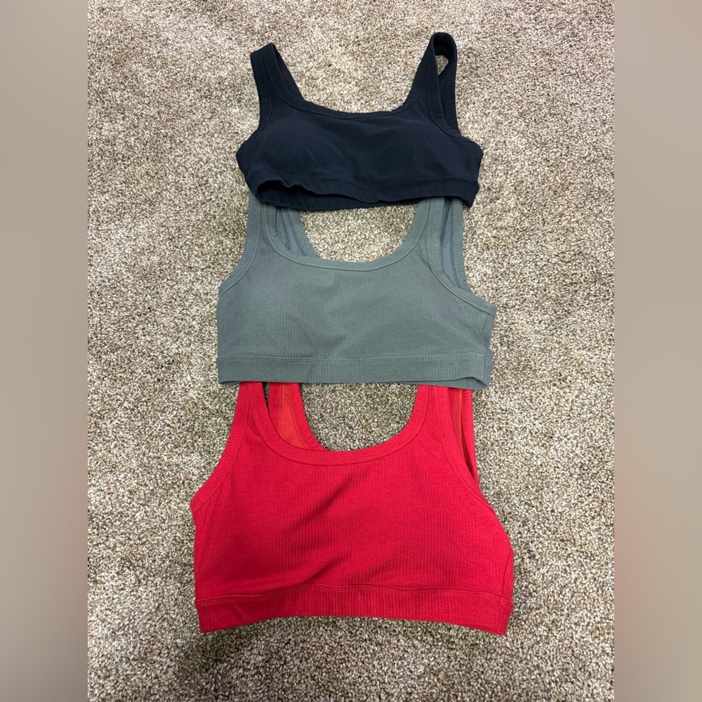 CRZ YOGA Ribbed Sports Bra- U back Wireless Padded Set - Black, Gray, and Red